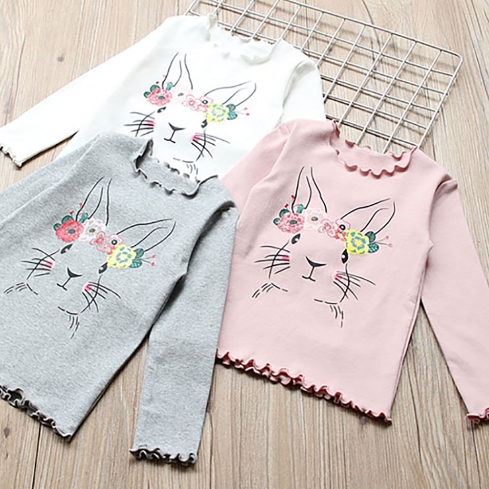 Long Sleeve Ruffle Rabbit Graphic Top White Shirts - Picture 4 of 4